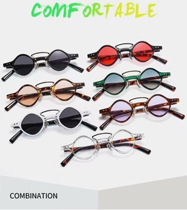 Flat lay of retro punk sunglasses CY168 in seven assorted colors and finishes