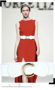 Detail of white elastic waist belt featuring a gold C-buckle on a textured leather patch