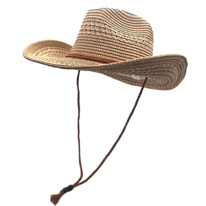 Brown woven western cowboy straw hat with wide brim and adjustable chin strap