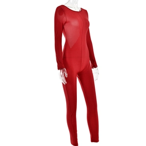Front side view of a red long sleeve bodysuit with shiny elastic fabric on mannequin