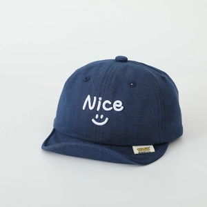 Detail of navy blue baby soft brim hat with white Nice embroidery and brand label