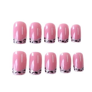 Classic leopard print French press-on nails with pink glitter in a medium long square shape