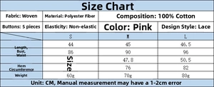 Detailed size chart for pink lace vest showing S, M, L measurements in centimeters