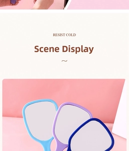 Three elegant handheld makeup mirrors in light blue, lilac, and dark blue colors