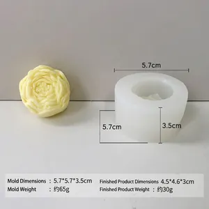 Macro view of peony flower silicone mold with dimensions for DIY candle and soap making