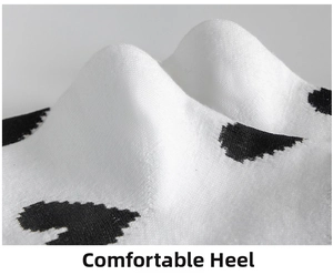 Detail of the comfortable heel on white cotton socks with black heart pattern print