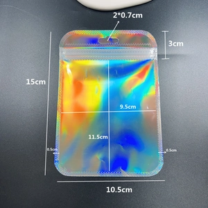 Detailed measurement view of holographic resealable bags showing precise dimensions