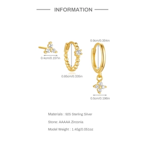 Detailed size specifications of S925 sterling silver gold earrings set with AAAAA zircon