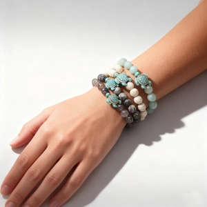 Set of 4 turtle charm bracelets featuring turquoise and marble natural stone beads