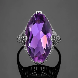 Marquise Paarse Zirkoon Ring Vintage Holle Bloem Koperen Band Voor Vrouwen Victoriaanse Retro Sieraden