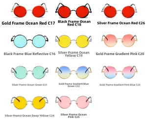 Macro view of retro round sunglasses collection featuring colorful gradient lenses and metal frames