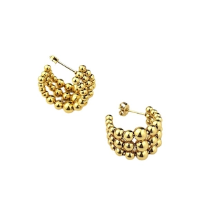 Elegante goldene C-Form Perlenohrringe mit drei Reihen polierter kleiner Metallkugeln