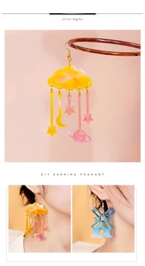 Cloud and windmill resin earring pendants shown in a scene display and on models