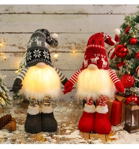 Detail of luminous Christmas gnomes with warm glowing bellies and knitted snowflake patterns