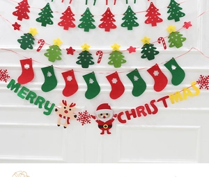 Detail of felt Christmas banners including Merry Christmas letters and festive stockings