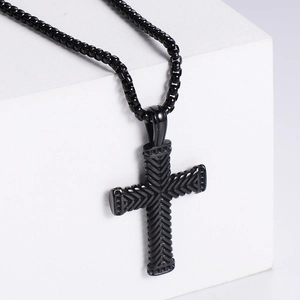 Vintage black stainless steel cross pendant with V-pattern relief and sturdy box chain