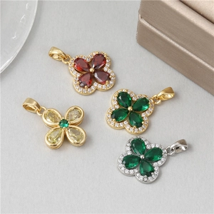 Four Leaf Clover Pendant Charm Copper 14K Gold Plated Zirconia Flower Jewelry Accessories For Necklace DIY