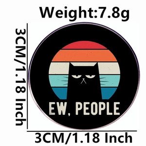 Funny black cat enamel pin with retro sunset and Ew People text, 3cm round metal badge