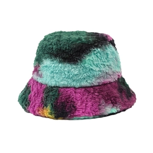 Colorful tie-dye faux fur bucket hat with thick plush material for autumn and winter warmth
