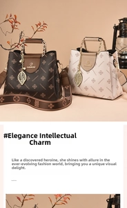 Close-up of elegant JANENOVO contrast color handbags with golden chain and floral charms