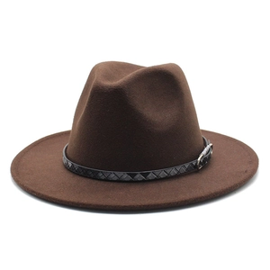 Close-up detail of dark brown wool fedora hat with textured woven belt decoration