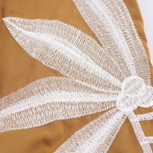 Women's sleeveless maxi dress with white palm tree embroidery on camel linen fabric