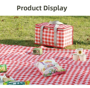 Close-up of red and white checkered picnic basket with double zipper and grey handles