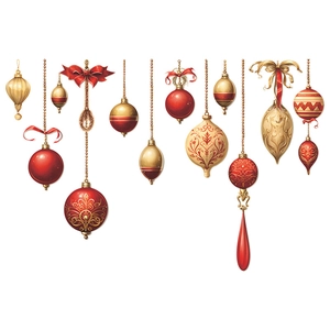 Hanging red and gold Christmas ball ornaments with festive decorative shapes on white background