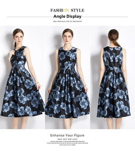 Detailed views of sleeveless slim-fit jacquard dress with elegant blue floral patterns