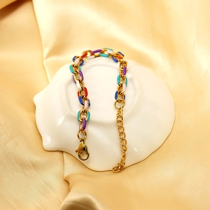 Rainbow enamel cuban link bracelet in gold finish with extension chain and lobster clasp