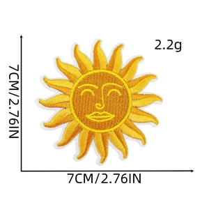 Detail of yellow sun pattern embroidered patch with dimensions 7cm shown on white background