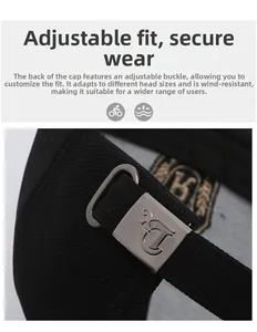 Detail of adjustable matte metal buckle and woven fabric texture on black baseball cap