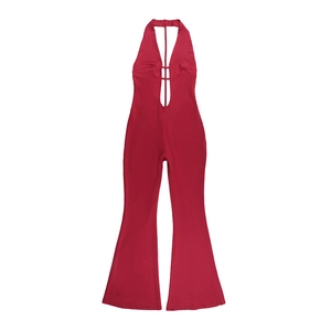 Detail of burgundy backless halter jumpsuit featuring a deep V-neck and flared legs