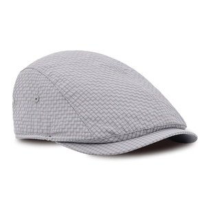 Macro view of breathable seersucker texture and metal eyelet on grey plaid flat cap