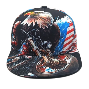 Flat brim snapback hat featuring vintage eagle and American flag prints in black