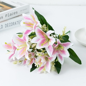Pink and white gradient artificial lilies with realistic green leaves and stems
