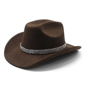 Close-up of dark brown suede cowboy hat featuring a sparkling silver rhinestone hatband