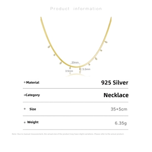 Detailed size specifications for gold S925 silver snake chain necklace with zircon charms