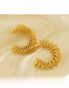 Polished 18K gold-plated titanium steel C-shape earrings with textured spring wire design