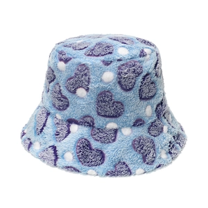 Sky blue plush bucket hat with purple hearts and white polka dots for winter warmth