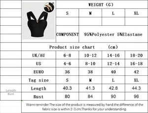 Detailed size chart for black slim crop top showing measurements for S to XL sizes