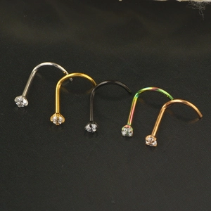 5-piece set of stainless steel L-shaped nose rings with clear zircon stones in various colors