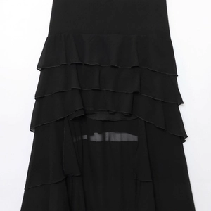 Sleek black backless bodycon midi dress featuring elegant layered chiffon ruffles