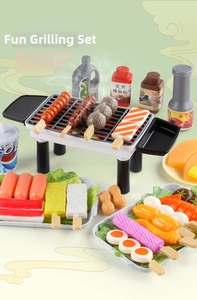 Detailed view of kids play kitchen grill set with realistic toy food and accessories