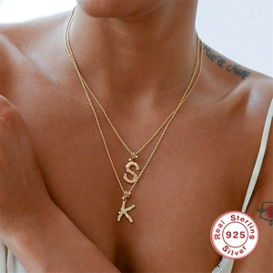 S925 sterling silver initial necklace with gold texture and cubic zirconia pendant