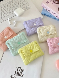 Quilted diamond pattern mini coin purse and earphone storage bag in pastel macaron colors