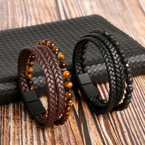 Bracciali in pelle fatti a mano per uomo con pietre occhio di tigre e pietra lavica