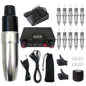 Complete tattoo kit set with rotary pen, power supply, foot pedal, and 10 cartridges