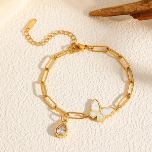 Bracelet en acier inoxydable plaqué or 18 carats avec papillon et breloque goutte d'eau