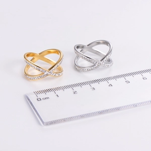 Cross-over micro-pave rings in gold and silver finish with measurement scale